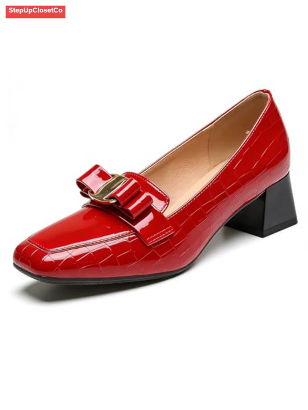 Women's Faux Leather Croc Embossed Chunky Heel Loafers Bow Buckle Slip On Work